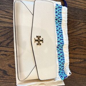 Tory Burch Cream Pebbled Leather Flap Clutch with Gold Logo